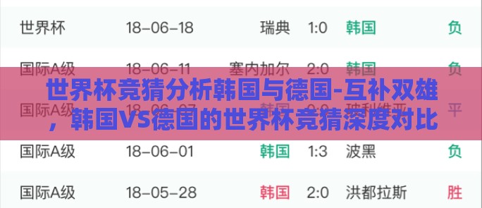 世界杯竞猜分析韩国与德国-互补双雄，韩国VS德国的世界杯竞猜深度对比