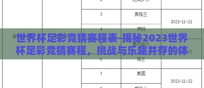 世界杯足彩竞猜赛程表-揭秘2023世界杯足彩竞猜赛程,挑战与乐趣并存的体验 世界杯足彩竞猜赛程表-揭秘2023世界杯足彩竞猜赛程,挑战与乐趣并存的体验