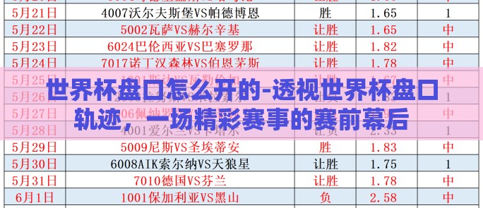 世界杯盘口怎么开的-透视世界杯盘口轨迹，一场精彩赛事的赛前幕后