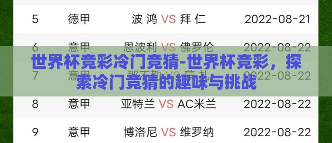 世界杯竞彩冷门竞猜-世界杯竞彩，探索冷门竞猜的趣味与挑战